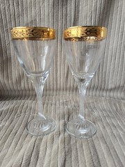 24K Gold Rimmed Crystal Wine Water Glasses Vintage Set of 2 Etched Design