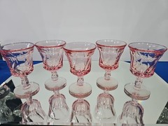 set (5) Wine Goblets Glasses 4-1/4″ Crystal Fostoria Jamestown Swirl Pink