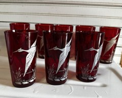 Vintage Royal Ruby Red Glass Tumblers With Birds & Catty Nine Tails Set Of 8