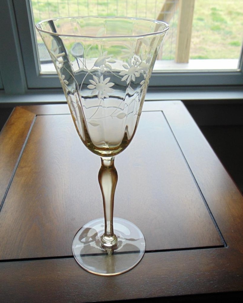 Crystal Topaz Gray-Cut Floral Optic Water Goblet 8 1/4 in 8 oz