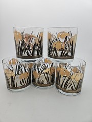 Vintage Culver Iris Cinnabar Lowball Glasses 22K Gold Iris Black Band. Set of 5