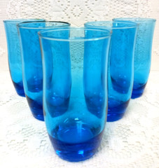 5 VTG Aqua Blue GLASS TUMBLERS 5 1/4″ Tall WEIGHTED BASE Retro MCM Artsy BOHO