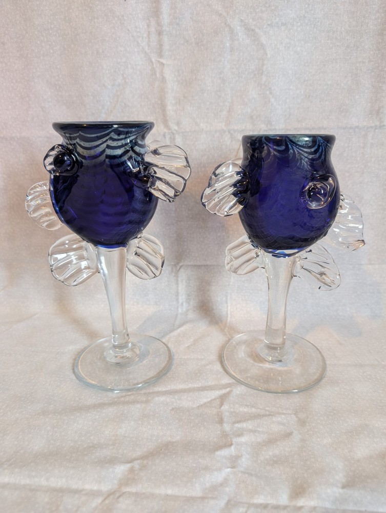2 Cobalt THEY GLOW! Art Glass FISH Wine Glasses Signed Dated Metallic Accents