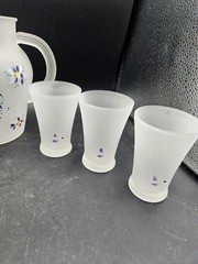 Frosted Glass Hand Painted Juice Pitcher And Glasses Purple Flowers Vintage