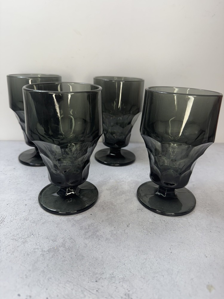 Vintage 4 Anchor Hocking Georgian smokey black gray tumbler drinking glasses