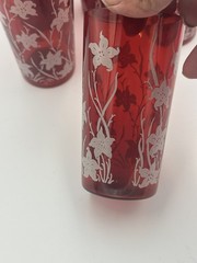 Vintage Ruby Red Juice Glasses 4.5” White Flowers Set Of 5