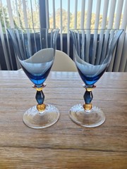 2 Mikasa Estate Slate Blue/ Amber Wine/Water Glasses Handblown Art Deco 7″H EUC