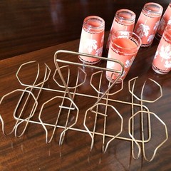 Vintage Set of 8 12-oz Hazel Atlas Coral & White Glasses, Maple Leaf w Caddy