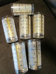 Vintage Libbey Clear Glass Tumbler set 6 White & Gold encrusted Design 1960’s