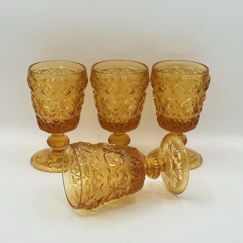 New Baroque By Horchow Amber Glass Goblets Wine Glasses Scrolls Set of 4