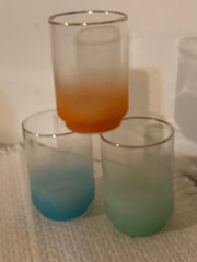 3 Vtg 10oz Frosted Green Turquoise Orange Glasses w Gold Rims 4″T Libbey Satin