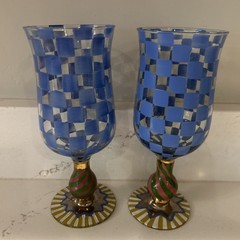 2 Whimsical MacKenzie Childs Blue Marin Handpainted Water Goblets Wine Glasses