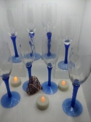 9″ Champagne Flutes Hand Blown Glass Long Twisted Cobalt Stem Set of 8
