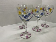 Hand Painted Clear Stemmed Goblets – Flowers & Dragonflies – 8.5” T – Preowned