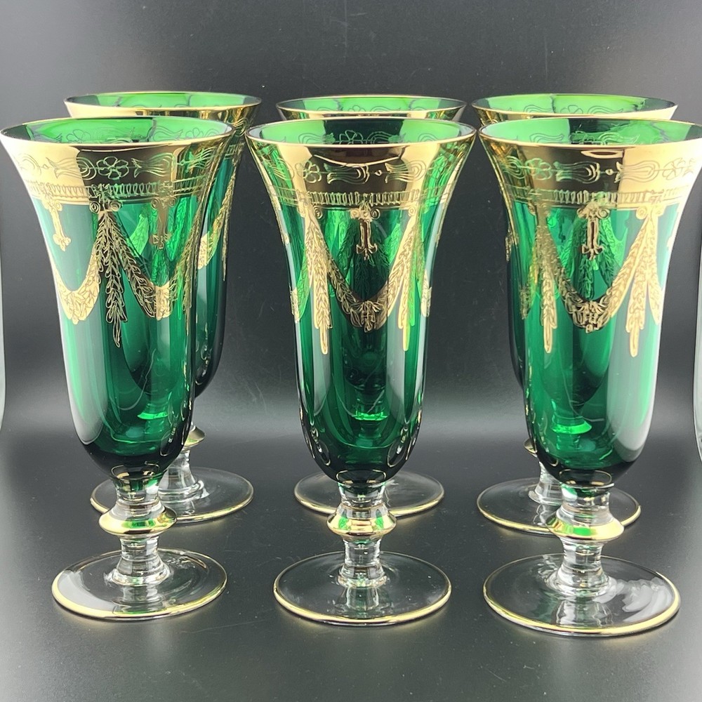 Set of 6 Mouth Blown Arte Italica Medici 24-K Gold/Green Champagne Flutes *READ*