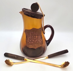 Renaissance Style Spanish Sangria Pitcher W 2 Wood Metal Stir Sticks Amber Glass