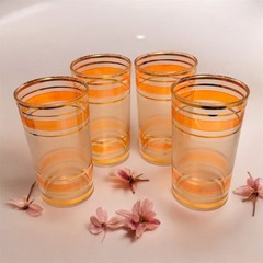 Vintage MCM Peach and Gold Striped Glasses Set of 4 Mid-Century Modern Barware
