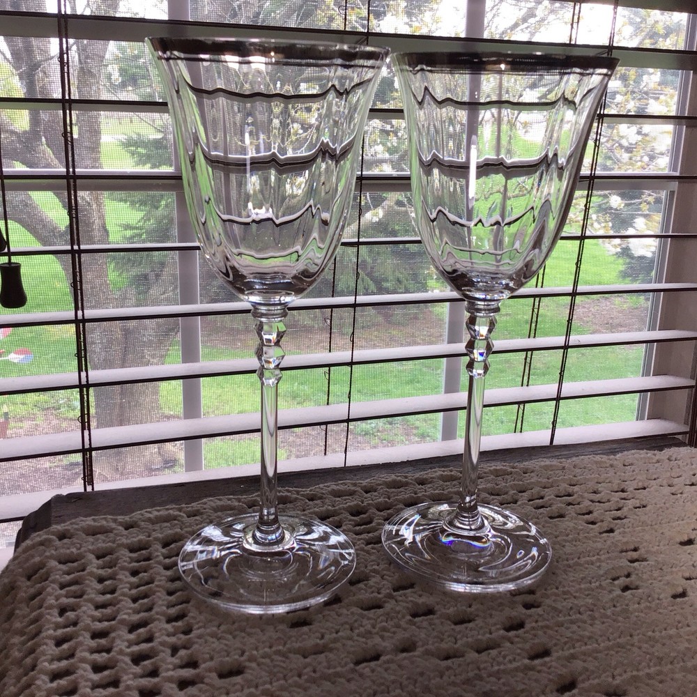 2 Mikasa Sonata Platinum Crystal 8 1/4” Optic Water Wine Goblets Glasses