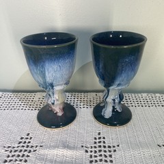 Clay Goblets Pair DK NC Cobalt Blue Studio Pottery Sanford, NC USA