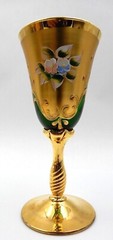 VINTAGE CZECH BOHEMIAN FLORAL DESIGN HAND-PAINTED EMERALD GREEN AND GOLD GOBLET