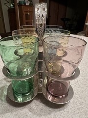FABERWARE Brooklyn NY Chrome Beverage Caddy Holder w/6 Rainbow Etched Glasses
