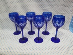 Set Of 6 Handmade Cobalt Blue Cut Crystal Boho Style Star Clear Wine Glasses