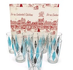 Vintage Federal Glass MCM Atomic Leaf Turquoise Black 12 oz Glasses Set of 8 NOS