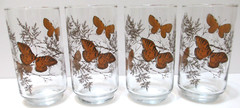 Vintage Libbey Glass Tumblers SET OF 4 Monarch Butterflies Ferns Clear 5″ Tall