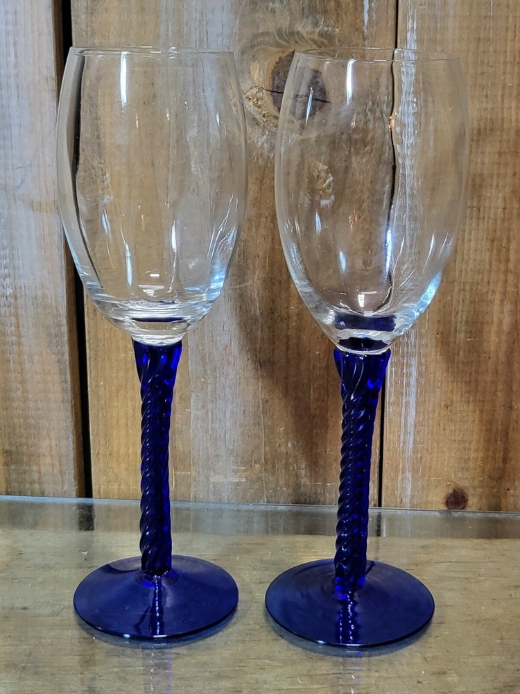 Clear Glass Champagne Glasses with Cobalt Blue Twisted Stem Set of 2
