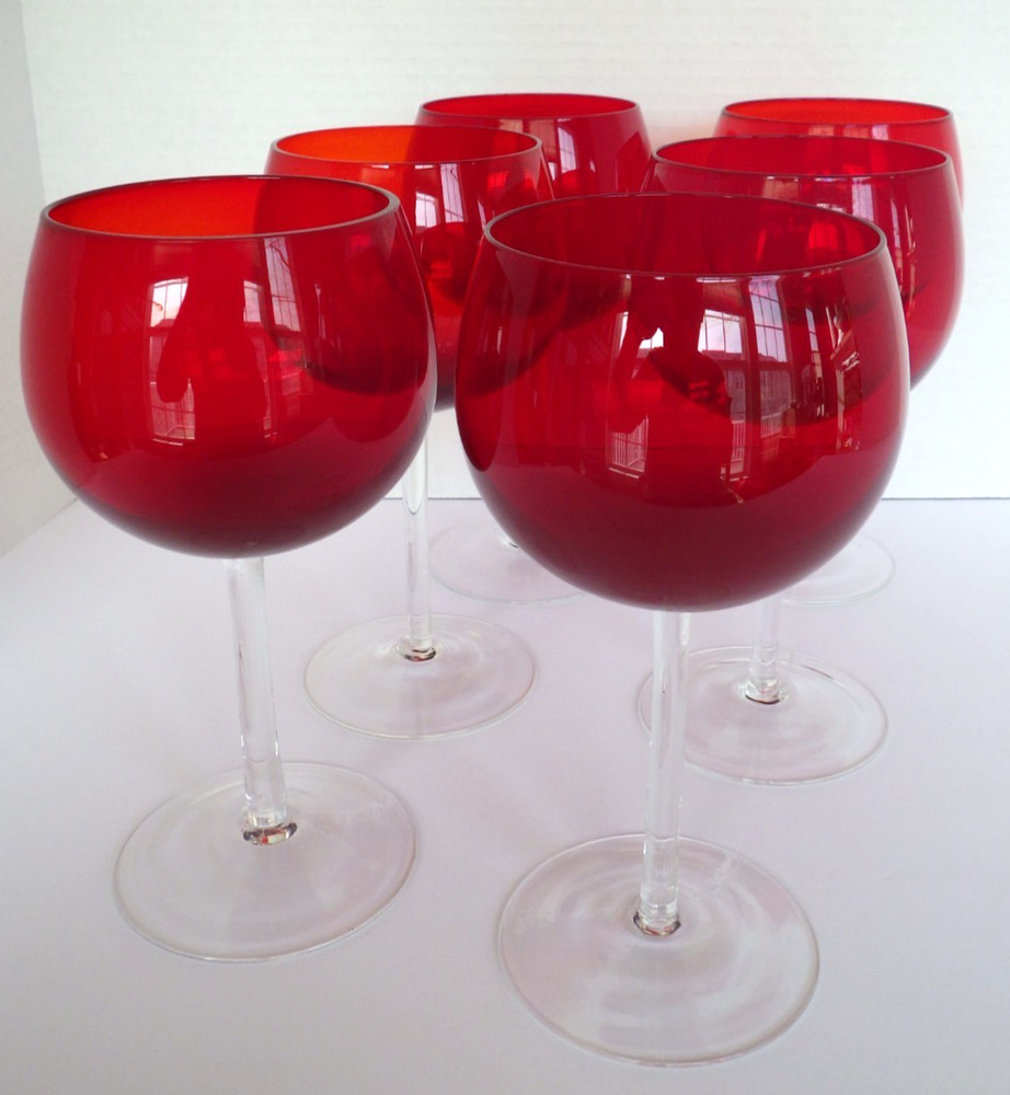 Cranberry Red Clear Stemmed Wine Glass Goblets 7″ High 12 oz. Capacity Set of 6