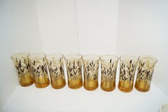 VINTAGE WHEAT DRINKING GLASSES GOLD LONG STEMMED DESIGN BROWN TAN LOT 8 EUC
