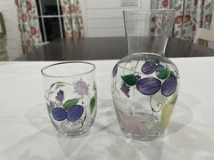 Hand Painted Tumble Up Glass Bedside Carafe & Glass Set Pears, Plum & Grapes