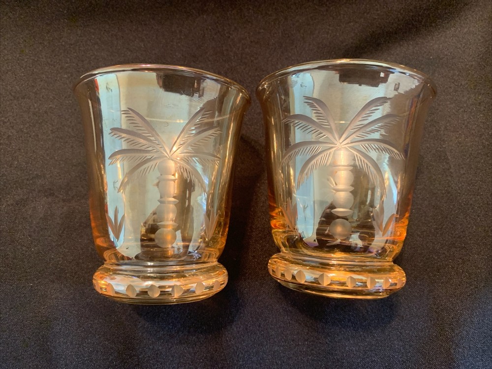 2 Etched Palm Trees Glasses Rocks Glass Gold Amber Glass, Made in Romania