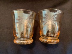 2 Etched Palm Trees Glasses Rocks Glass Gold Amber Glass, Made in Romania