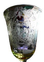 2 Tiffin Lotus Glass Co. Sherry / Wine Stems w/ Springtime Etch Flutist & Angel