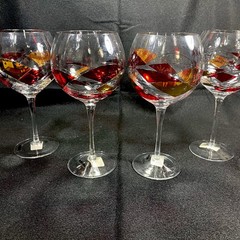 4 ROMANIA La Fleur BALLOON WINE GLASS RED GOLD MOSAIC Led Free Crystal 8.5” New