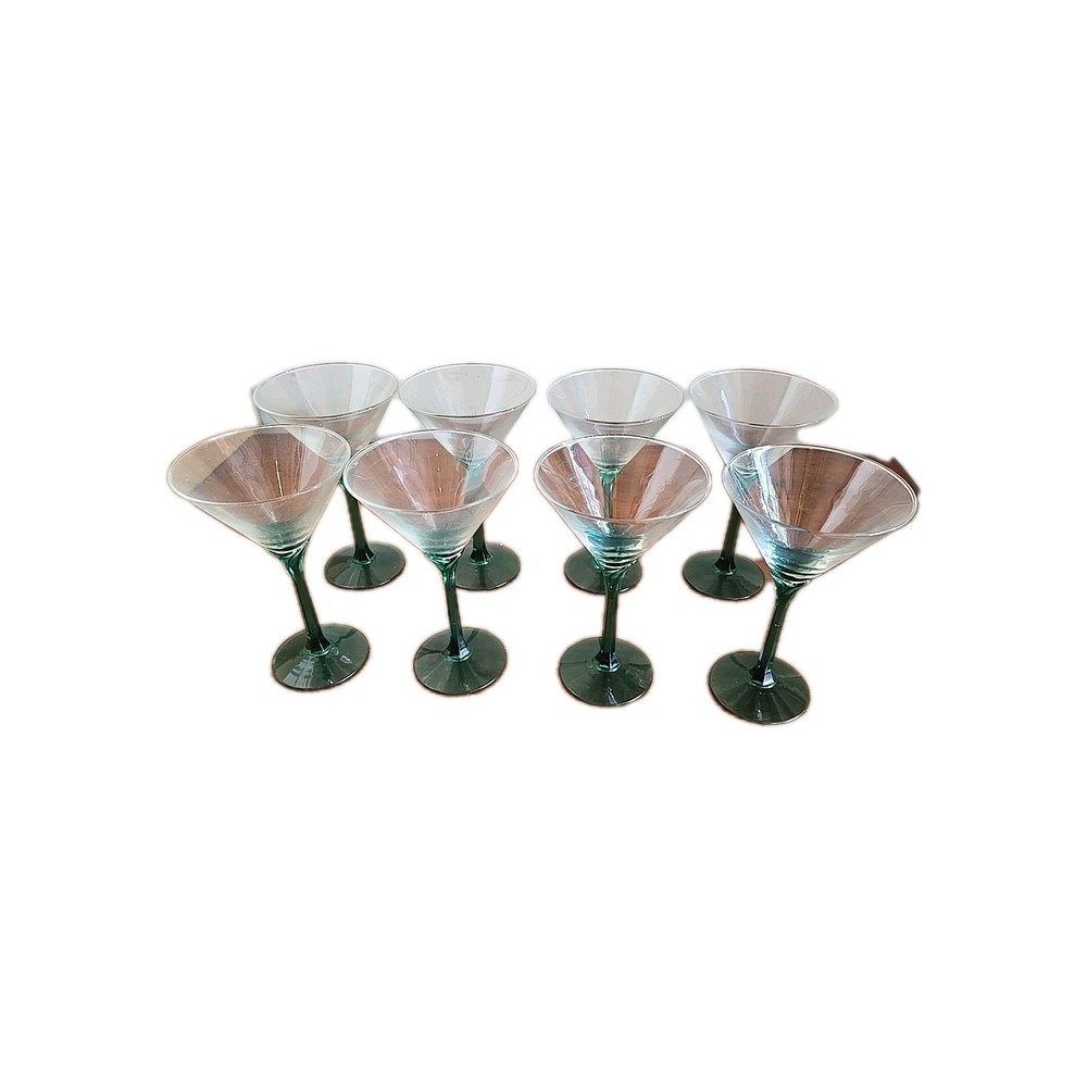 Vintage Long Green Stem Martini Coctail Glasses Set Of 8
