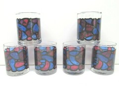 6 Libbey Mosiac Blue Red Stone Pebble 2 1/2″ Small Juice Drinking Clear Glasses