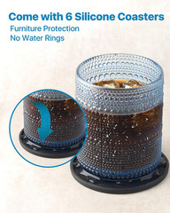 Hobnail Drinking Glasses Set of 12 with Silicone Coasters, Blue, Highball and