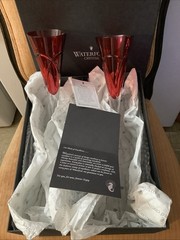 Pair of Waterford Crimson Ruby Red Champagne Flutes 11 w/Cut Heart Love Romance