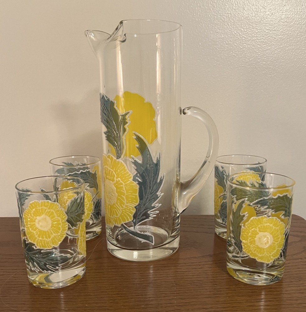Rare Vtg Glass Pitcher & 4 Glasses 1950 Mcm Handblown Handpainted Yellow Poppies