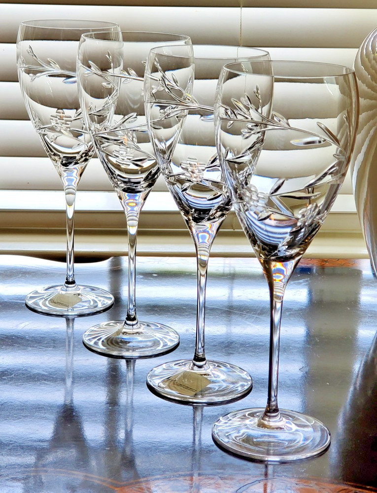 Set of 4 L by Lenox Floral Bouquet Blown Cut Glass Water Goblets 10.5″ 18 oz NOS