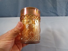 Diamond Dugan Stork & Rushes Lattice Band Marigold Carnival Glass Tumbler INV10