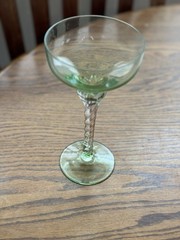 Vintage Green Glass Coupe Glass with A Twisted Stem 7 Inches Tall