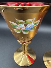 Vtg Pair Of Italian Moran’s 24kt Gold Trim And Red, Painted Wine Glasses