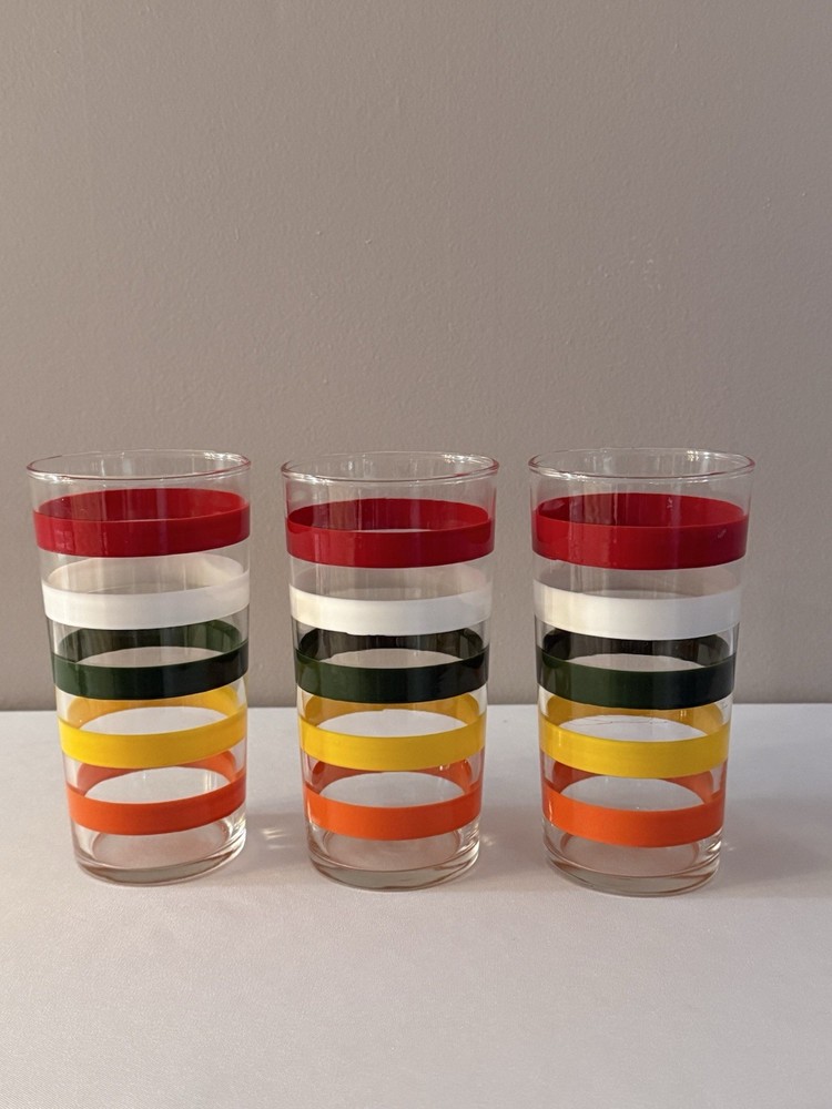 3 Vintage MCM Hazel Atlas 20 oz Fiesta Stripes Glass Tumblers 6.25” Tall