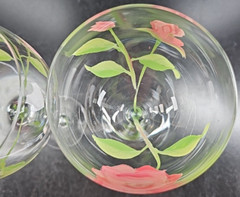 2 Block Vintage Rose Balloon Wine Glasses Mix Set Floral Hand Painted Flower Lot