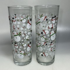 SET OF 2- Vintage Cera Snowman With Snowflakes Tom Collins Holiday Glasses 12oz