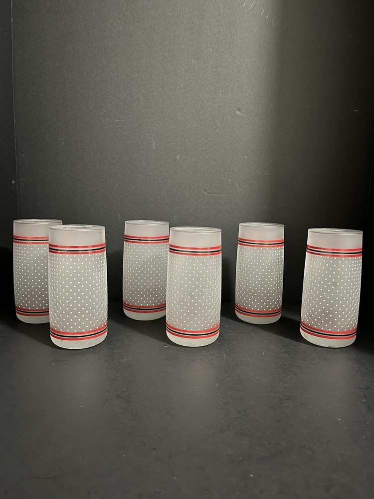 Vintage Frosted, Striped And Polka Dots Tumbler Glass Set of 6