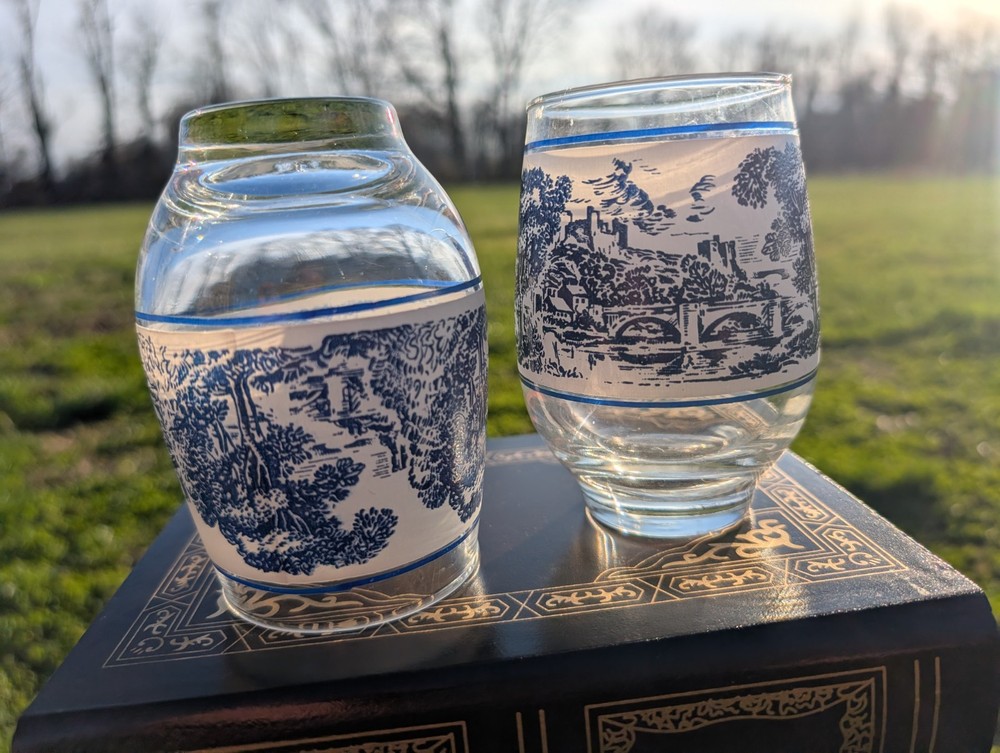 Vintage Wedgewood Blue White Glass Tumbler Set Scenic Design Drinkware England